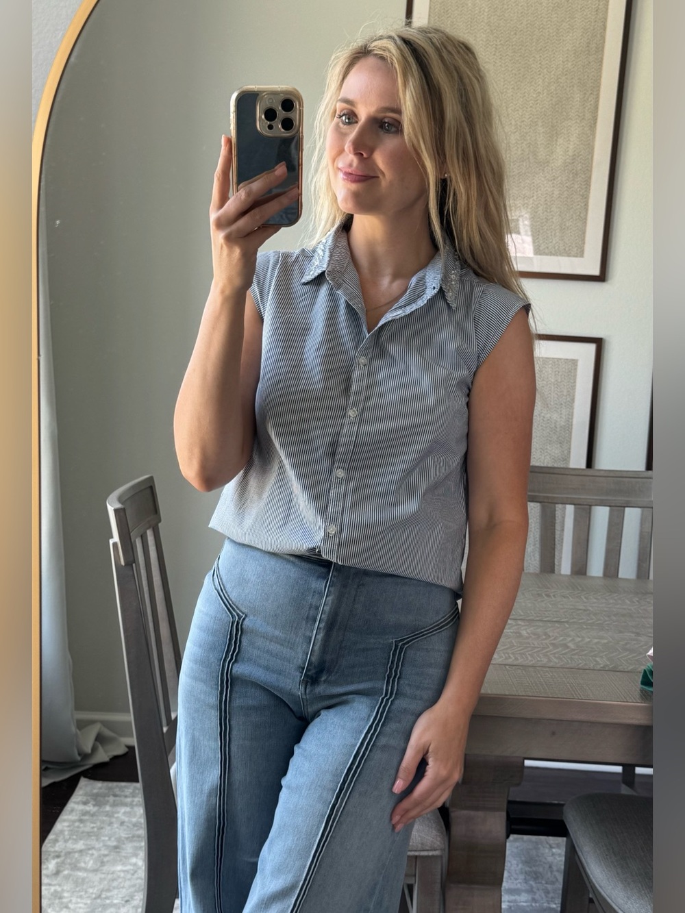 Sleeveless Striped Button-Down Shirt with Embellished Collar - Blue/White - Picture 3 of 12